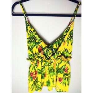 Ulala Women Yellow and Green Topical Tank Blouse Ruffle Across Middle Tie Knot